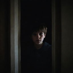 A frightful mysterious boy inside a house, hiding in the shadows, conveying a chilling aura.