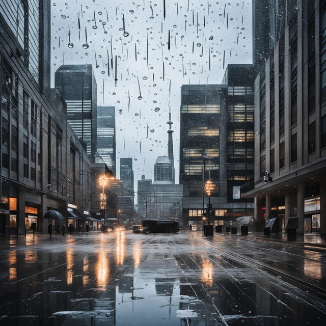 A 200mm photograph of Toronto under a serene rainfall, with muted colors and glossy reflections on the cityscape.