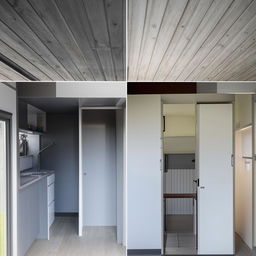 Interior of a 6x5 building, one side consists of a kitchen with dishwashing area and dish rack, the adjacent side is a bedroom divided by partition. Overhead lighting with white and gray paint all over.