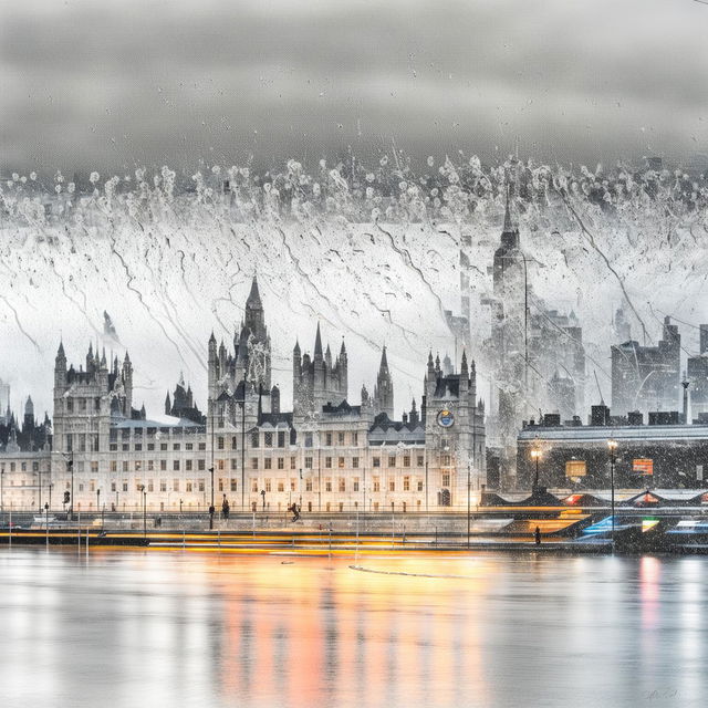 A 200mm photograph of London under a serene rainfall, with muted colors and glossy reflections on the cityscape.