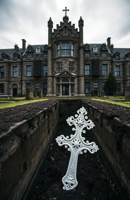 A large Victorian lunatic asylum in Ireland from the 1800s, showcasing its grand architectural style with tall, imposing stone walls, large windows, and a dramatic sky overhead