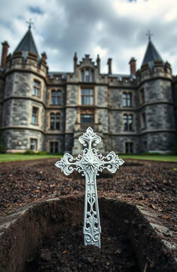 A large Victorian lunatic asylum in Ireland from the 1800s, showcasing its grand architectural style with tall, imposing stone walls, large windows, and a dramatic sky overhead