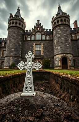A large Victorian lunatic asylum in Ireland from the 1800s, showcasing its grand architectural style with tall, imposing stone walls, large windows, and a dramatic sky overhead