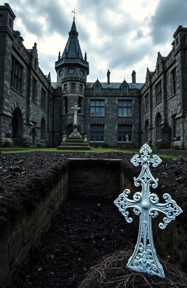 A large Victorian lunatic asylum in Ireland from the 1800s, showcasing its grand architectural style with tall, imposing stone walls, large windows, and a dramatic sky overhead