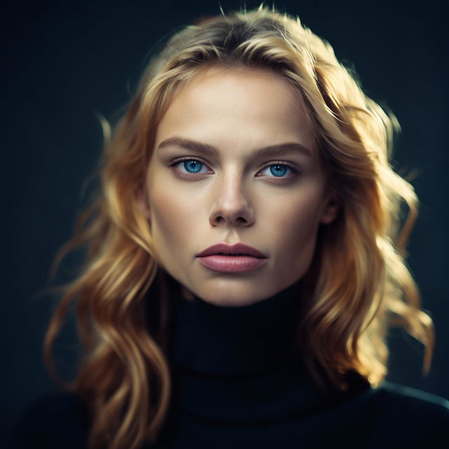 Portrait of a Russian supermodel with high cheekbones and piercing blue eyes, shot with a 200mm lens. Her blonde hair is styled in loose waves and she wears a simple black turtleneck. The background is blurred due to the bokeh effect.