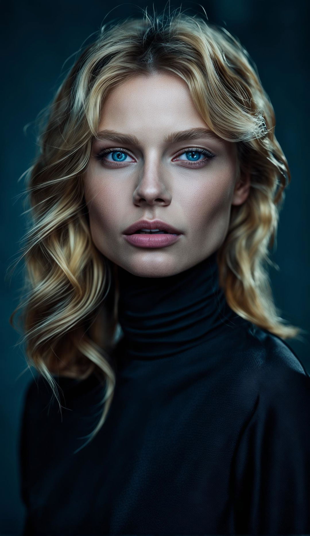 Medium shot portrait of a Russian supermodel with high cheekbones and piercing blue eyes, taken with a Canon EOS R6 and an RF 105mm f/4L IS USM Lens. Her blonde hair is styled in loose waves and she wears a simple black turtleneck. The background is blurred due to the bokeh effect.