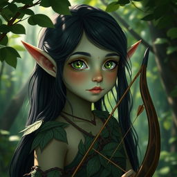 A young tall forest elf with long dark hair, slightly greenish skin, and striking green eyes