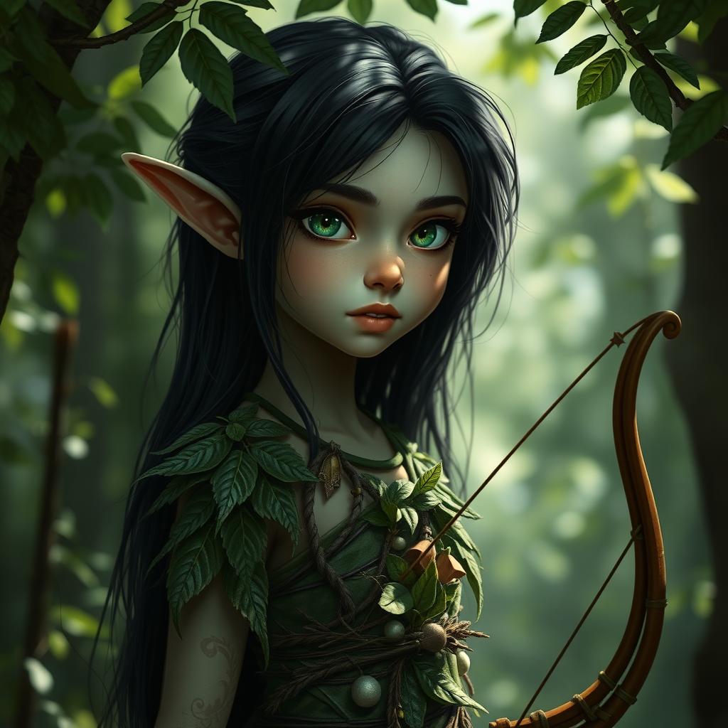 A young tall forest elf with long dark hair, slightly greenish skin, and striking green eyes