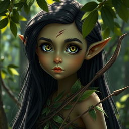 A young tall forest elf with long dark hair, slightly greenish skin, and striking green eyes