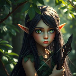 A young tall forest elf with long dark hair, slightly greenish skin, and striking green eyes