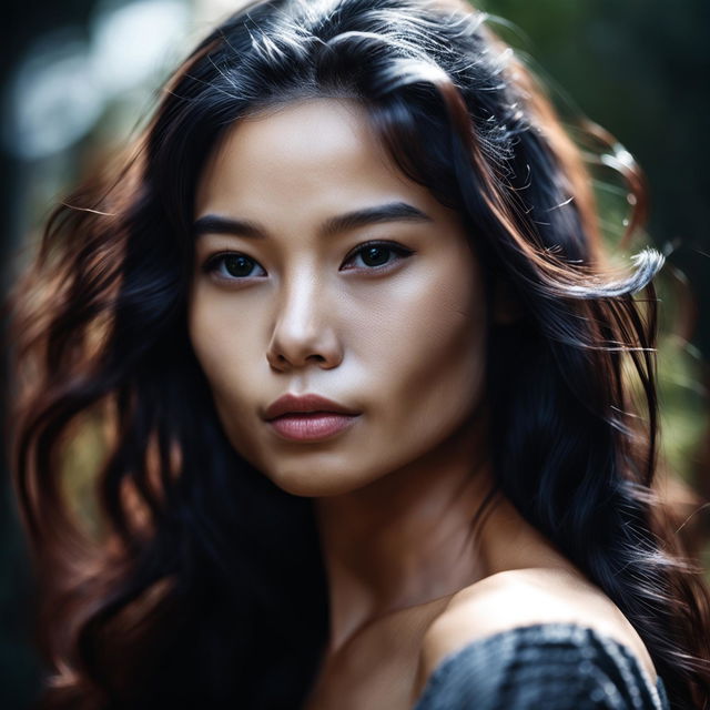 Portrait of a Eurasian model captured with Canon EOS R6 and RF 105mm f/4L IS USM Lens, highlighting her unique features against a blurred background.