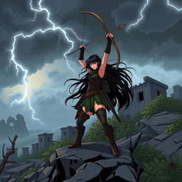 In a striking scene, Seraphina, with her long flowing black hair, is depicted in a dynamic pose with her bow raised high above her head, as if she is about to unleash a powerful shot in a desolate post-apocalyptic landscape