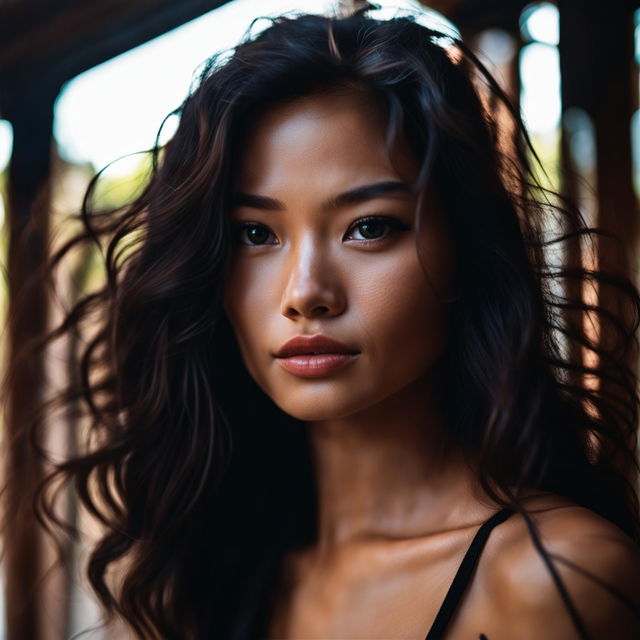 Eurasian model in a mid-shot, captured with Canon EOS R6 and RF 24mm f/4L IS USM Lens, emphasizing her unique features and the surrounding environment.