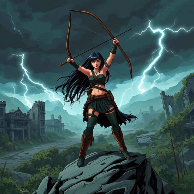 In a striking scene, Seraphina, with her long flowing black hair, is depicted in a dynamic pose with her bow raised high above her head, as if she is about to unleash a powerful shot in a desolate post-apocalyptic landscape