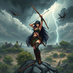 In a striking scene, Seraphina, with her long flowing black hair, is depicted in a dynamic pose with her bow raised high above her head, as if she is about to unleash a powerful shot in a desolate post-apocalyptic landscape
