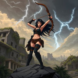 In a striking scene, Seraphina, with her long flowing black hair, is depicted in a dynamic pose with her bow raised high above her head, as if she is about to unleash a powerful shot in a desolate post-apocalyptic landscape