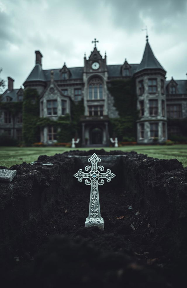 A large, imposing old lunatic asylum set in Ireland during the 1800s, capturing the architectural style of that era with gothic elements, ivy climbing the walls, and a foreboding atmosphere