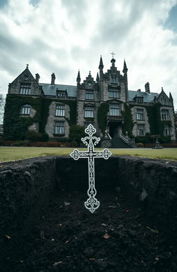 A large, imposing old lunatic asylum set in Ireland during the 1800s, capturing the architectural style of that era with gothic elements, ivy climbing the walls, and a foreboding atmosphere