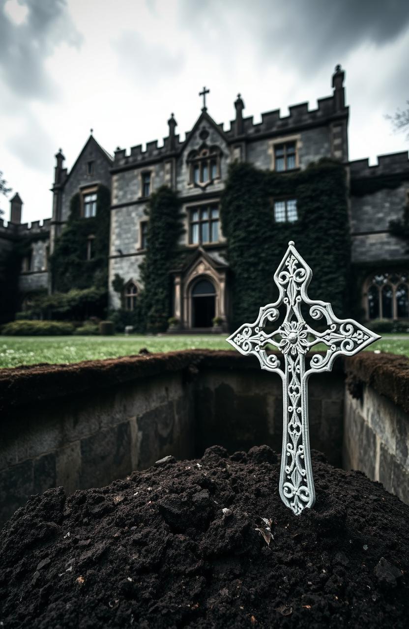 A large, imposing old lunatic asylum set in Ireland during the 1800s, capturing the architectural style of that era with gothic elements, ivy climbing the walls, and a foreboding atmosphere