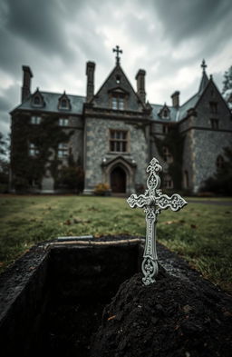 A large, imposing old lunatic asylum set in Ireland during the 1800s, capturing the architectural style of that era with gothic elements, ivy climbing the walls, and a foreboding atmosphere