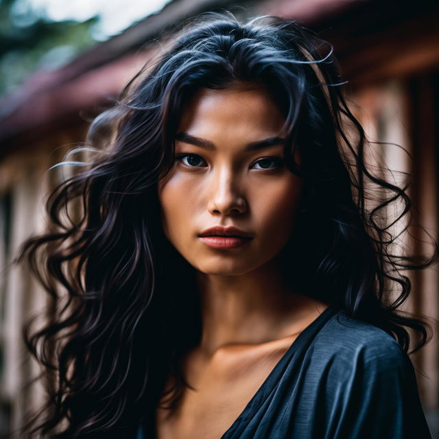 Eurasian model in a mid-shot, captured with Canon EOS R6 and RF 24mm Lens, emphasizing her unique features and the surrounding environment.