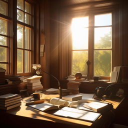 A serene study room with an open book on a wooden desk, sunlight filtering through a window, headphones on the side, and sheet music scattering around.