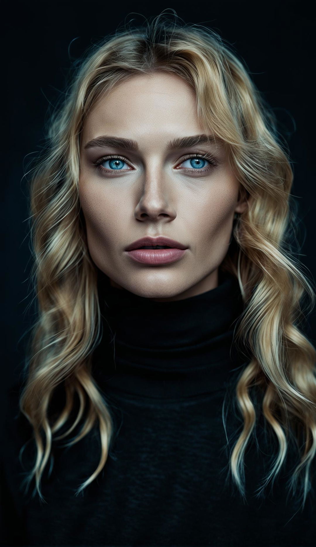 Medium shot portrait of a Russian supermodel taken with a Canon EOS R6 and an RF 24mm f/4L IS USM Lens. Her high cheekbones and piercing blue eyes are the focal point. She wears a simple black turtleneck and her blonde hair is styled in loose waves.