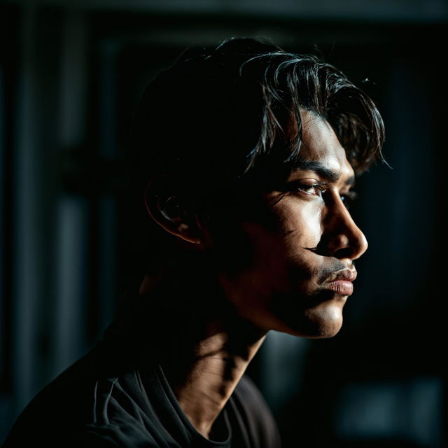 Candid side profile of a Eurasian male model under moody lighting, captured in a medium shot with a Canon EOS R6 and RF 105mm f/4L IS USM Lens.