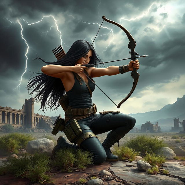 In a captivating book cover design, Seraphina, the protagonist with long flowing black hair, is depicted in a dynamic pose, kneeling to the side with her bow drawn, eyes focused on an unseen target