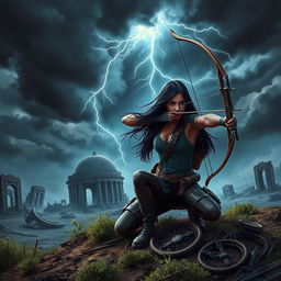 In a captivating book cover design, Seraphina, the protagonist with long flowing black hair, is depicted in a dynamic pose, kneeling to the side with her bow drawn, eyes focused on an unseen target