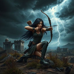 In a captivating book cover design, Seraphina, the protagonist with long flowing black hair, is depicted in a dynamic pose, kneeling to the side with her bow drawn, eyes focused on an unseen target