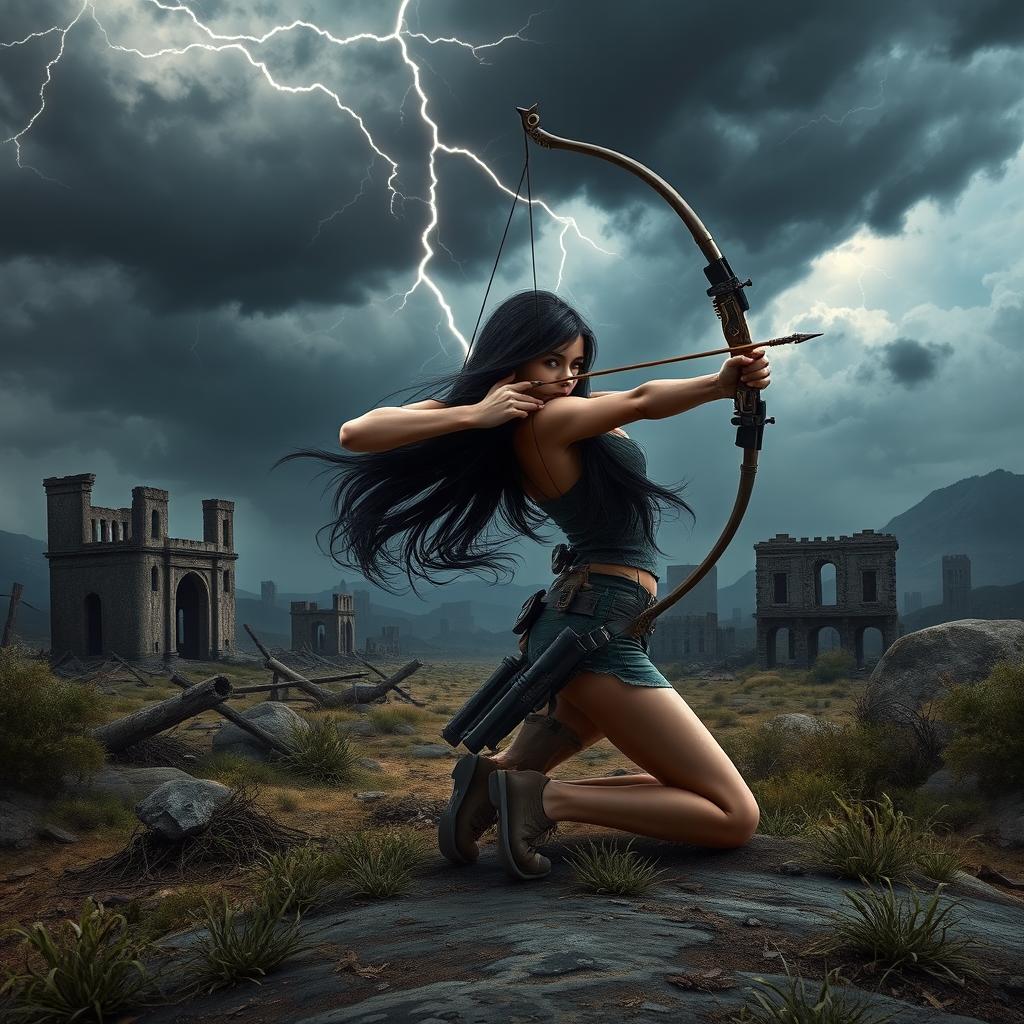 In a captivating book cover design, Seraphina, the protagonist with long flowing black hair, is depicted in a dynamic pose, kneeling to the side with her bow drawn, eyes focused on an unseen target