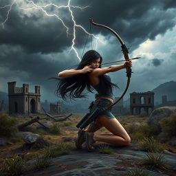 In a captivating book cover design, Seraphina, the protagonist with long flowing black hair, is depicted in a dynamic pose, kneeling to the side with her bow drawn, eyes focused on an unseen target