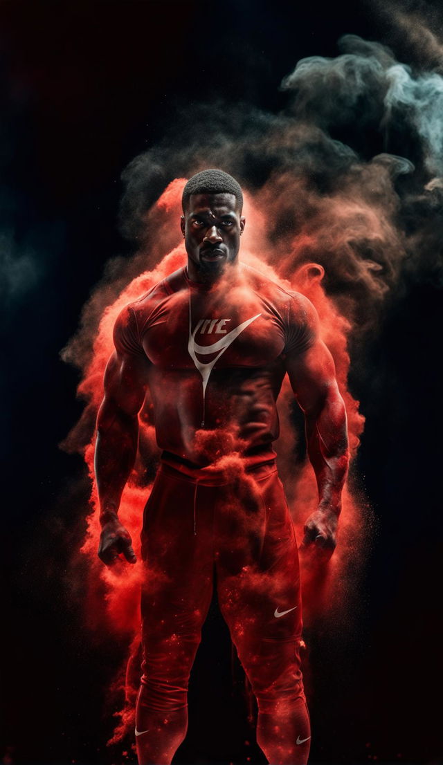 A black bodybuilder in Nike sportswear stands amidst darkness, surrounded by an explosion of red chalk dust under dramatic lighting.