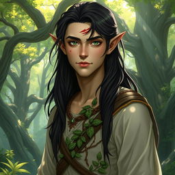 A tall male forest elf with long dark hair, slightly green-tinted skin, and striking green eyes