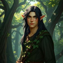 A tall male forest elf with long dark hair, slightly green-tinted skin, and striking green eyes