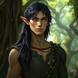 A tall male forest elf with long dark hair, slightly green-tinted skin, and striking green eyes