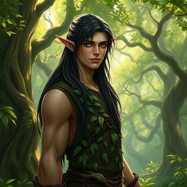 A tall male forest elf with long dark hair, slightly green-tinted skin, and striking green eyes