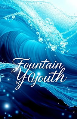 A stunning book cover design featuring the concept of waves symbolizing the fountain of youth, incorporating vibrant blue and turquoise hues