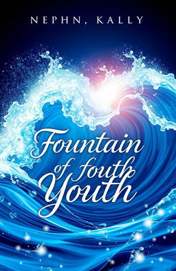 A stunning book cover design featuring the concept of waves symbolizing the fountain of youth, incorporating vibrant blue and turquoise hues