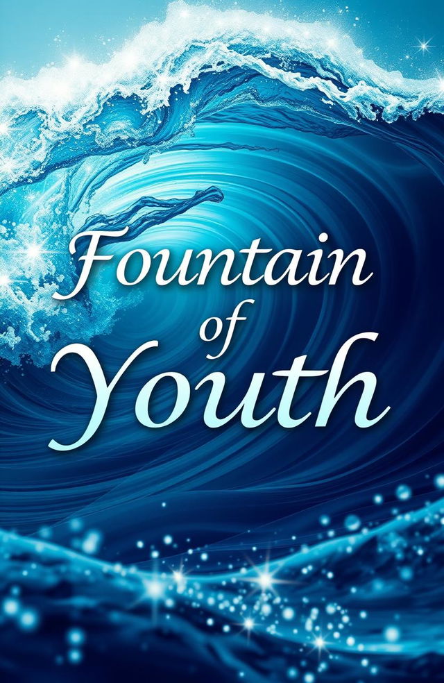 A stunning book cover design featuring the concept of waves symbolizing the fountain of youth, incorporating vibrant blue and turquoise hues