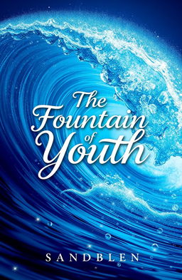 A stunning book cover design featuring the concept of waves symbolizing the fountain of youth, incorporating vibrant blue and turquoise hues