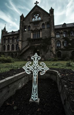 A large, imposing old lunatic asylum, showcasing gothic architecture with crumbling stone walls and broken windows, surrounded by an overgrown, eerie landscape