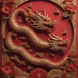 A 3D Chinese New Year poster with sculpted layers of wood shaping intricate Chinese dragons. Use powerful hues of red and gold to create a festive atmosphere.