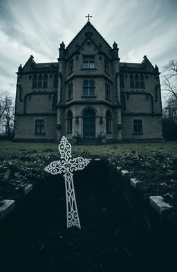 A large, imposing old lunatic asylum, showcasing gothic architecture with crumbling stone walls and broken windows, surrounded by an overgrown, eerie landscape