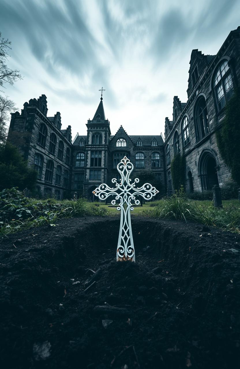 A large, imposing old lunatic asylum, showcasing gothic architecture with crumbling stone walls and broken windows, surrounded by an overgrown, eerie landscape