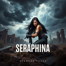 In a captivating book cover design, Seraphina, the protagonist with long flowing black hair, is depicted in a dynamic pose, kneeling to the side with a fierce expression, showcasing her readiness for battle in a desolate post-apocalyptic landscape