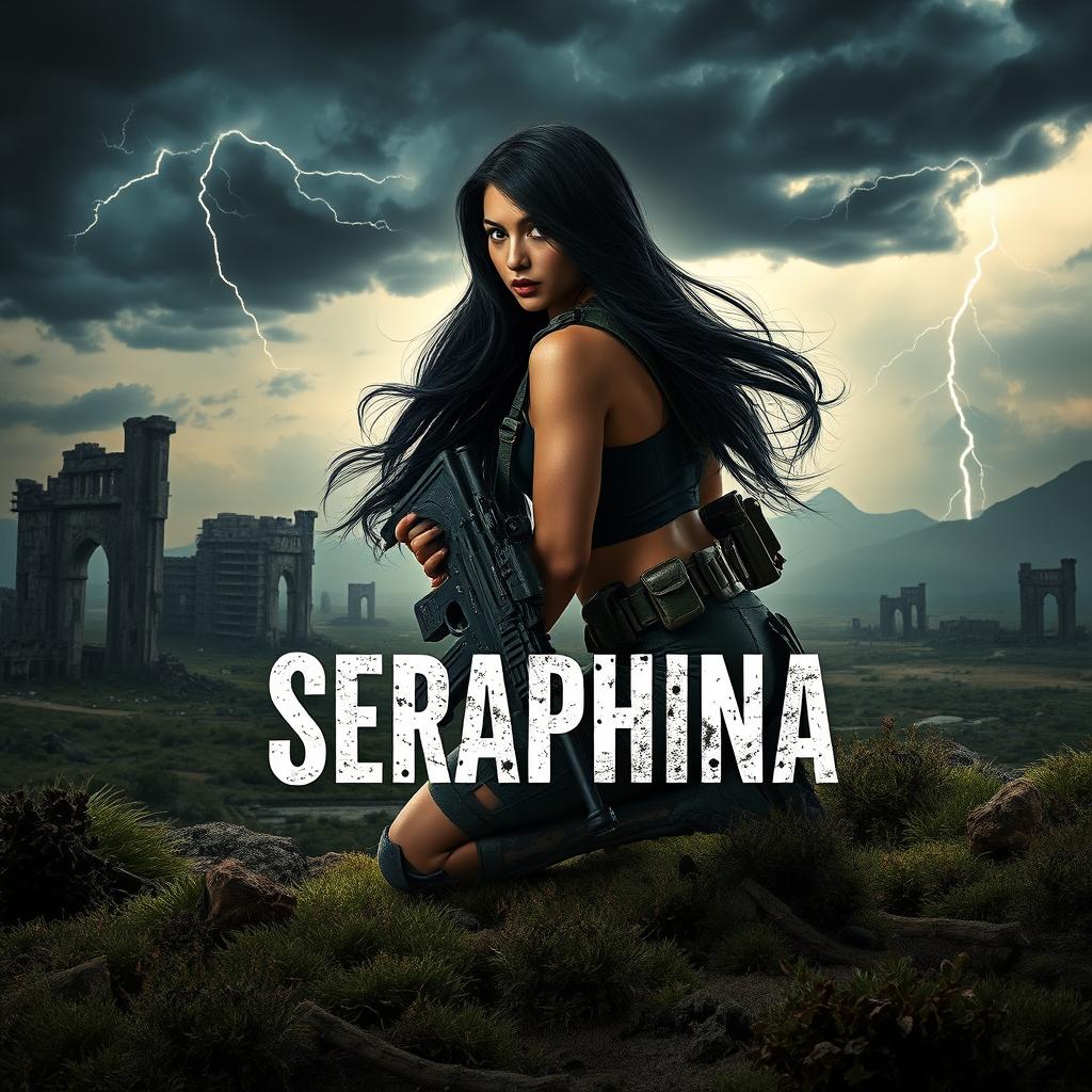 In a captivating book cover design, Seraphina, the protagonist with long flowing black hair, is depicted in a dynamic pose, kneeling to the side with a fierce expression, showcasing her readiness for battle in a desolate post-apocalyptic landscape