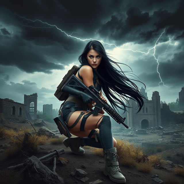 In a captivating book cover design, Seraphina, the protagonist with long flowing black hair, is depicted in a dynamic pose, kneeling to the side with a fierce expression, showcasing her readiness for battle in a desolate post-apocalyptic landscape