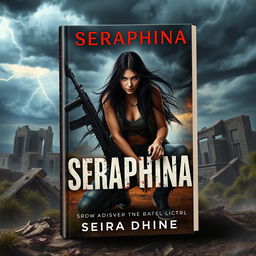 In a captivating book cover design, Seraphina, the protagonist with long flowing black hair, is depicted in a dynamic pose, kneeling to the side with a fierce expression, showcasing her readiness for battle in a desolate post-apocalyptic landscape